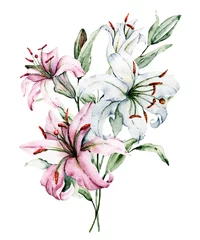 Aquarell Blumen Lilien. Blumenstrauß, ClipArt. Arrangement mit Lilie perfekt zum Drucken von Design auf Einladungen, Karten, Wandbildern und anderem. Getrennt auf Weiß. Handgemalt. © Larisa