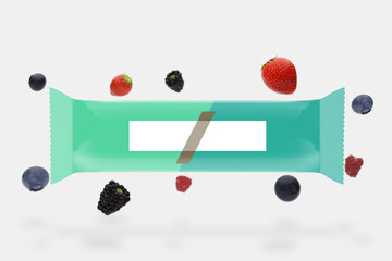 Mock up of a floating cereal bar packaging on a white background - 3d rendering