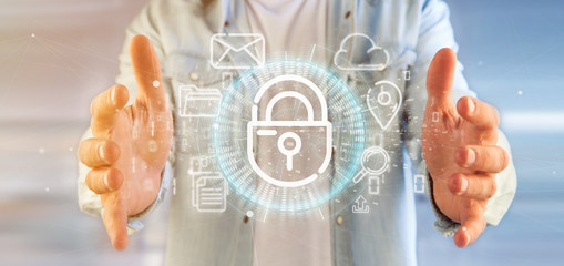Businessman holding a Security padlock wheel icon with multimedia and social media icon 3d rendering