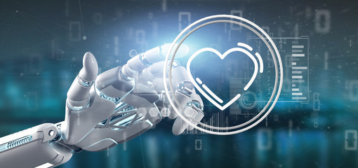 Cyborg hand holding a heart icon surrounded by data