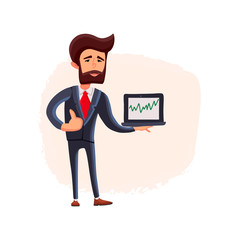 Businessman holding laptop and showing the thumb up. Full length portrait of businessman in a flat style. Vector.