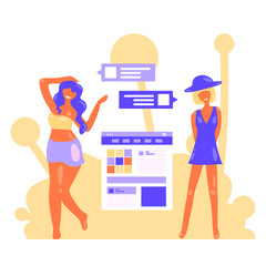 cartoon woman buys clothes in an online store. Vector illustration, modern flat design. A woman loves her body. Body positive