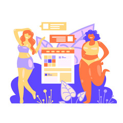 cartoon woman buys clothes in an online store. Vector illustration, modern flat design. A woman loves her body. Body positive