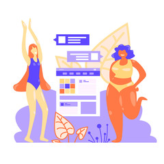 cartoon woman buys clothes in an online store. Vector illustration, modern flat design. A woman loves her body. Body positive