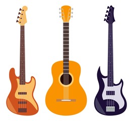 Obraz premium Guitar set. Acoustic and electric guitars isolated on white background. String musical instruments. Cute flat style vector illustration.
