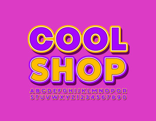 Vector colorful Sign Cool Shop with bright Font. Creative Uppercase Alphabet Letters and Numbers.