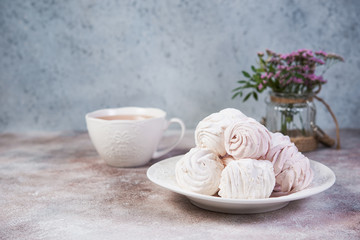 Homemade Apple cider marshmallows for tea rests on the plate. Airy dessert of apples and berry puree.