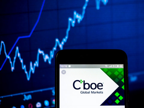Kiev, Ukraine, February 14, 2019, illustrative editorial..  Cboe Global Markets company logo seen displayed on smart phone