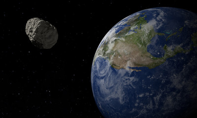 Earth and asteroid. Space theme. 3D illustration.