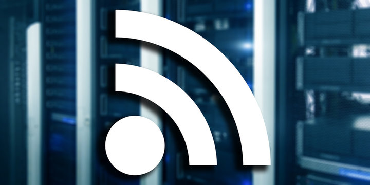 Icon WiFi on datacenter blurred background. Telecommunication concept.