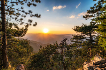 Summer sunset from The red wall reserve in Rhodope mountain, Bulgaria