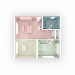 3D interior illustration rendering floor plan of coloured home apartment with wifi icons