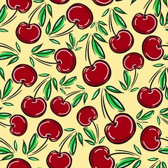 Hand drawn Cherry print and pattern seamless. Spring Summer trend textiles. Fruity background. Vector Illustration.