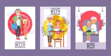 Fototapeten Family time set of cards or posters vector illustration. Generation together for spending enjoying time. Kid traveling with grandfather, cooking with grandmother. Family members. © Vectorvstocker