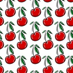Hand drawn Cherry print and pattern seamless. Spring Summer trend textiles. Fruity background. Vector Illustration.