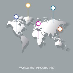 World map infographics with pointer marks banner vector illustration. Communication concept. Countries. Business world map concept, used for work presentation, website, annual report.