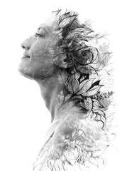 Double exposure. Paintography. Close up profile portrait of an attractive woman with strong ethnic...
