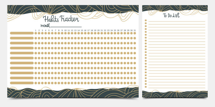 Habits tracker and to-do-list with frame decorated by abstraction. Printable pages for task organization or planning. Eps 10.