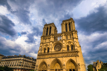 Fototapeta na wymiar Notre Dame de Paris cathedral, France. Notre Dame de Paris Cathedral, most beautiful Cathedral in Paris. Picturesque sunset over Cathedral of Notre Dame de Paris, destroyed in a fire in 2019, Paris.