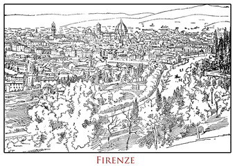 Illustrated table with a panoramic view of the city of Florence capital of the Toscana region in central Italy, from a lexicon of the 19th century