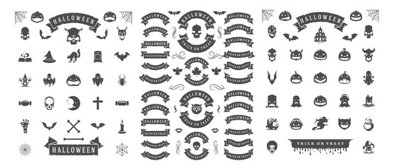 Halloween silhouettes and icons set isolated on a white background vector illustration.
