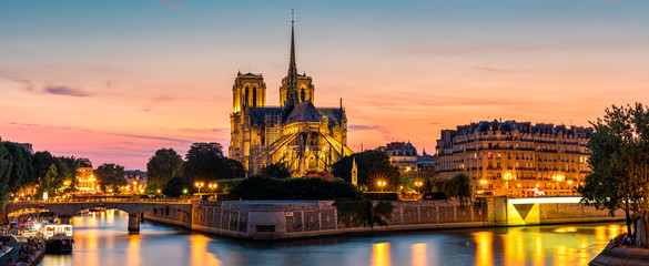 Notre Dame de Paris cathedral at sunset, France. Notre Dame de Paris, most beautiful Cathedral in Paris. Picturesque sunset over Cathedral of Notre Dame de Paris, destroyed in a fire in 2019, Paris. - obrazy, fototapety, plakaty