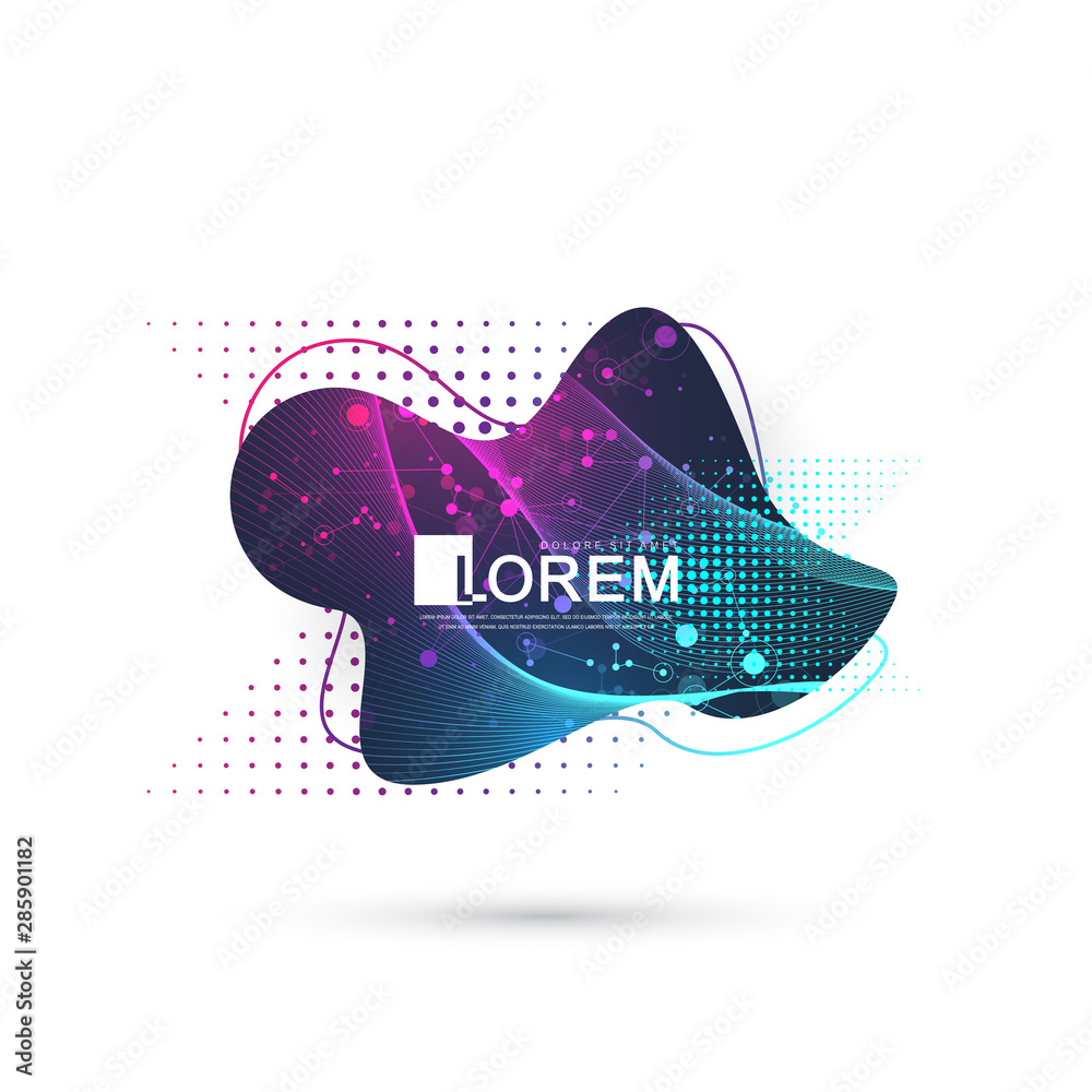 Poster Modern abstract graphic design element with geometric lines and dots. Geometrical dynamic shape for your design. Scientific vector illustration