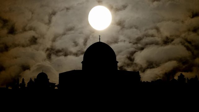 Jerusalem Old City: Golden Dome of the Rock, Time Lapse by Night with  Dark Sky and Full Moon, Temple Mount, Israel
