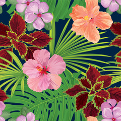 Seamless tropical pattern of hibiscus flowers with vinca and palm leaf background. Vector set of exotic tropical garden for holiday invitation, greeting card and textile fashion design.