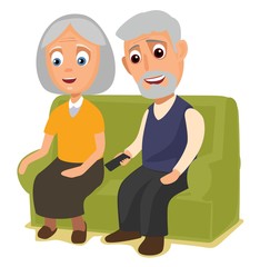 Grandmother and grandfather sitting together on a sofa.