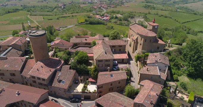 Oingt aerial back traveling, Beaujolais, labelled Les Plus Beaux Villages de France