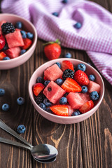 Fresh Berry mix with Strawberry, Blueberry, Watermelon and Black berry. Cut watermelon. Juicy and fresh watermelon