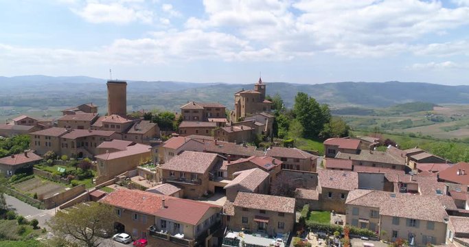 Oingt aerial ascending flight, Beaujolais, labelled Les Plus Beaux Villages de France
