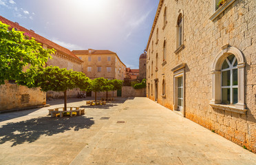 View at town Trogir, old touristic place in Croatia Europe. Trogir town coastal view. Magnificent...