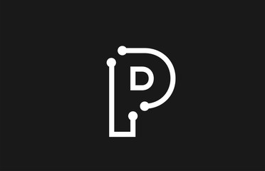 alphabet letter P black and white logo design with line and dots