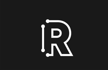 alphabet letter R black and white logo design with line and dots