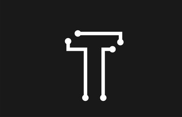 alphabet letter T black and white logo design with line and dots