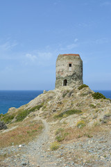 Fototapeta na wymiar The Tower of Agnellu, a Genoese tower located in the commune of Rogliano (Haute-Corse). Sentier des douaniers. Corsica, France