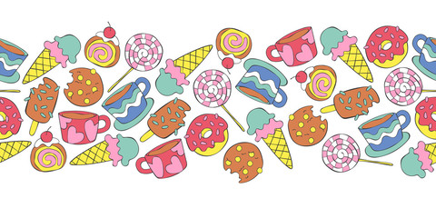 Hot drinks: tea and coffee. Sweets: ice cream, donuts, cookies, sweets, candy. Seamless horizontal pattern. Frame border.