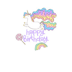 Happy Birthday. Lettering. Unicorn. Lollipop. Rainbow. Cartoon. Isolated vector object on a white background.