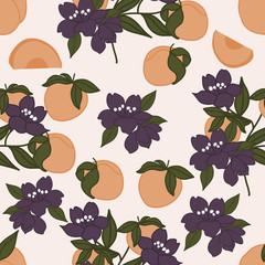 Peach fruits and purple flowers in a seamless pattern design