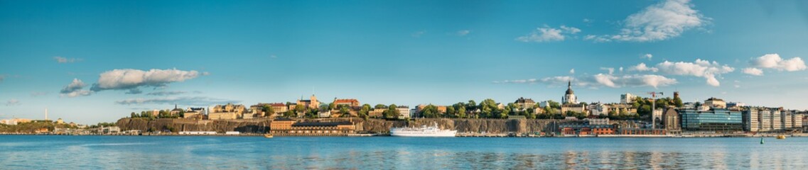 Stockholm, Sweden. Scenic Famous Panoramic View Of Embankment In Stockholm At Summer. Famous Popular Destination Scenic Place