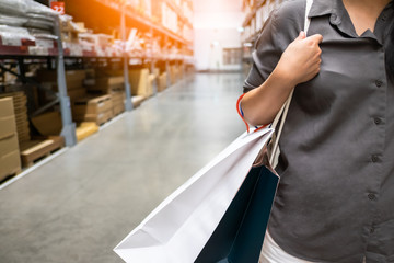 Asian woman holding shopping bag at warehouse store, lifestyle concept