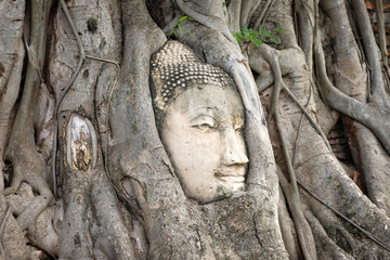 Ayutthaya Buddha Head in Tree Roots, Buddhist temple Wat Mahathat in Thailand