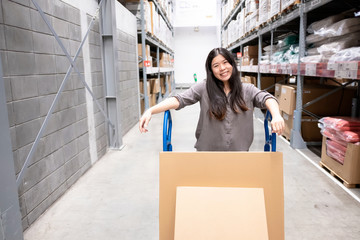 Happy beautiful young Asian woman customer or staff worker pushing trolley or picking cart in...