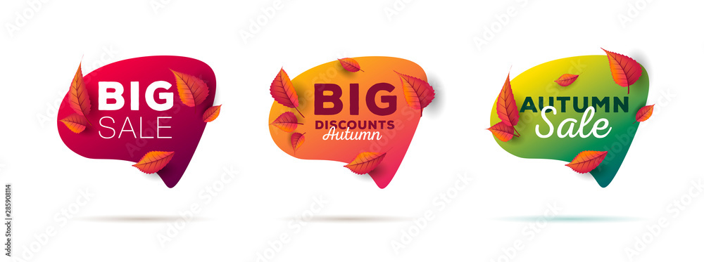 Sticker autumn sale tags speach bubble shape with different discount percentage numbers and fall leaves