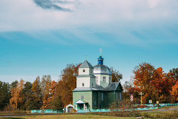 Porplishte, Dokshitsy District, Vitsebsk Region, Belarus. Old Wooden Church of Transfiguration. Famous Landmark