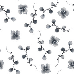 Watercolor pattern with gray vintage flowers, leaves and twigs. Ideal for cards and invitations.