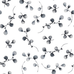 Watercolor pattern with gray vintage flowers, leaves and twigs. Ideal for cards and invitations.