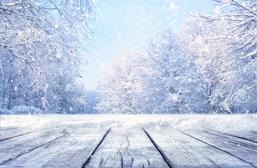Stoff pro Meter Winterweihnachtslandschaft mit Kopienraum. Holzböden, weiße Bäume im Wald mit Schnee bedeckt, Schneeverwehungen und Schneefall gegen blauen Himmel an sonnigen Tagen in der Natur im Freien, Blautöne. © Laura Pashkevich